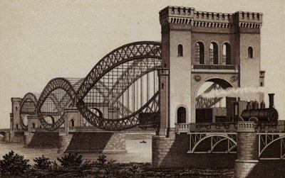 Hamburg: Eisenbahn-Elb-Brucke, Järnvägsbron över Elbe (litho) av German School
