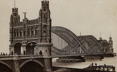 Hamburg: Neue Elbbrücke, Nya bron över Elbe (litho) av German School