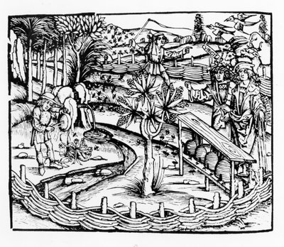 Glada makar som sköter bin, illustration från Georgikerna av Virgil, bok IV, från Sebastian Brants (1457-1521) upplaga, publicerad 1502 av German School
