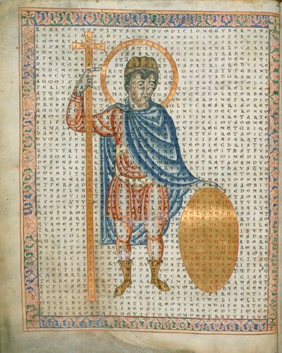 Harley 3045 fol.2 Kejsar Ludvig I, den fromme, med kors och sköld, från 