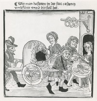 Hawker of Pancakes and Pretzels, under konciliet i Konstanz 1417, efter ett inkunabulum, ca 1485 (penna och bläck på papper) av German School