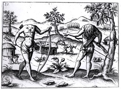 Huvudlösa män och kvinnor, illustration från Sir Walter Raleighs redogörelse för Guyana, publicerad i Nürnberg, 1599 av German School