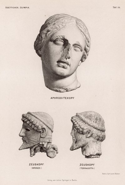 Afrodites och Zeus huvuden från Olympia, Grekland (gravyr) av German School