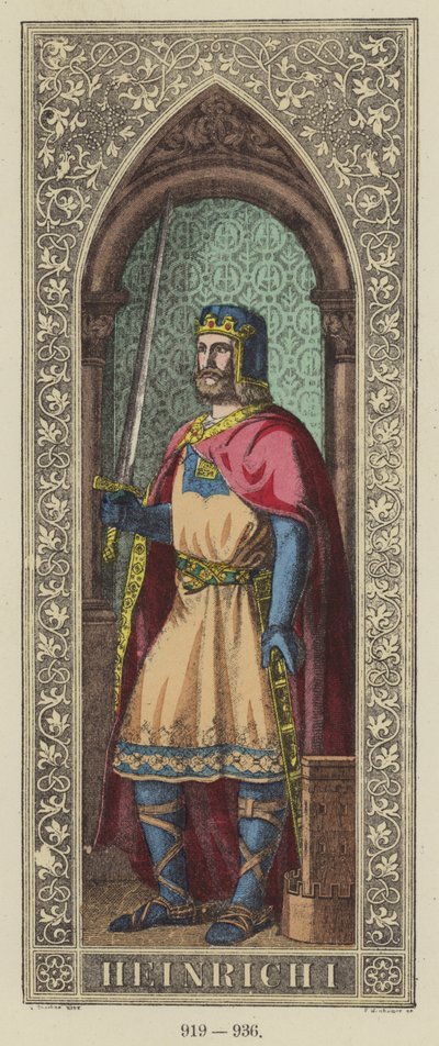 Heinrich I, 919-936 (färgad gravyr) av German School