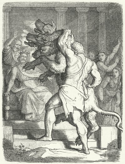 Herakles för Cerberus till kung Eurystheus (gravyr) av German School