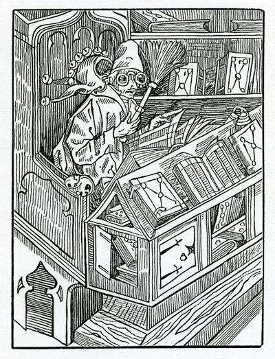 Här börjar folesna och de första onyttiga bokarna, illustration från Alexander Barclays engelska översättning av 