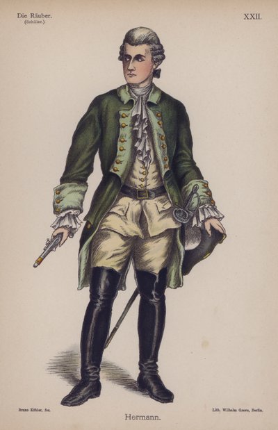 Hermann, från Die Rauber (Rånarna) av Friedrich Schiller (färg litho) av German School
