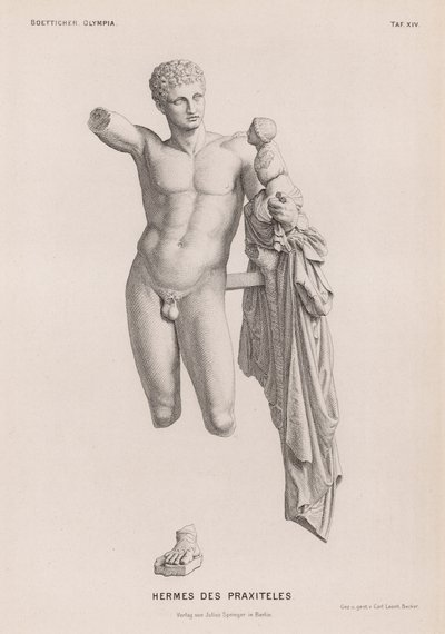 Hermes och spädbarnet Dionysos, skulptur tillskriven Praxiteles utgrävd i Olympia, Grekland (gravyr) av German School