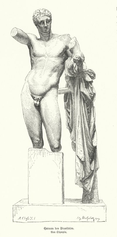 Hermes och spädbarnet Dionysos, staty av den antika grekiska skulptören Praxiteles upptäckt i ruinerna av Temple of Hera, Olympia (gravyr) av German School
