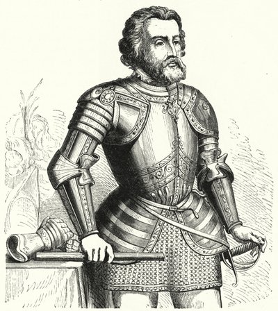Hernan Cortes, spansk conquistador (gravyr) av German School