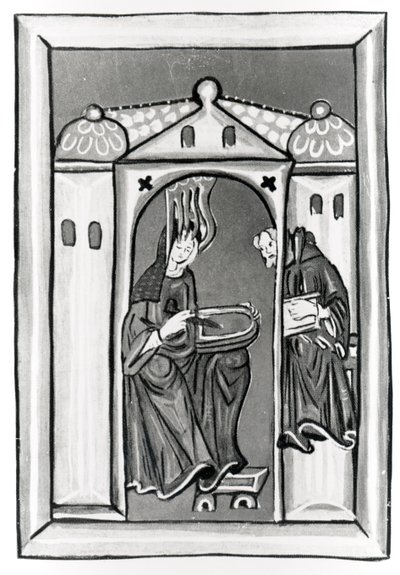 Hildegard av Bingen tar emot ljuset från himlen, ca 1151 (vellum) (s/v foto) av German School