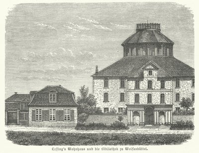 Hem för den tyske filosofen och dramatikern Gotthold Ephraim Lessing och biblioteket i Wolfenbuettel (gravyr) av German School