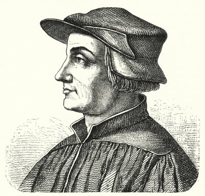 Huldrych Zwingli, ledargestalt för reformationen i Schweiz (gravyr) av German School