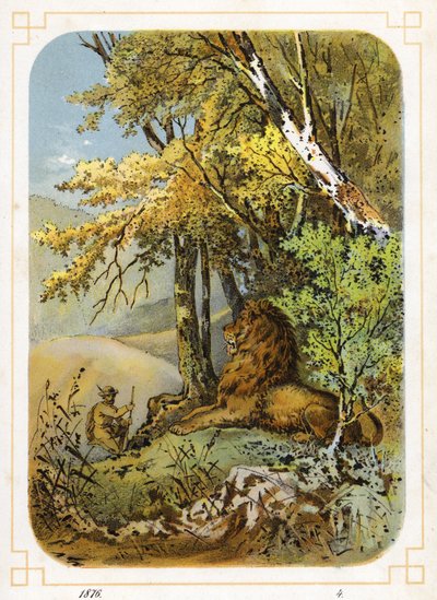 Jägare närmar sig lejon (färg litho) av German School