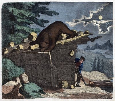 Jägare som vill döda björnen från alpskogen. I "" Wenn Jemand eine Reise thut, so kann er was erzahlen"" (När någon reser, detta är vad han kan berätta), tysk saga av Franz Wiedemann av German School