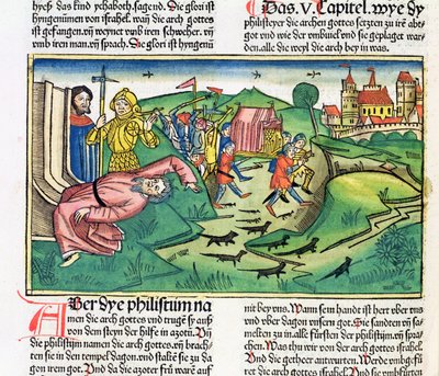I Samuel 5:1-11 Filistéerna griper arken och drabbas av pesten, från Nürnbergbibeln (Biblia Sacra Germanaica) (färgat träsnitt) av German School