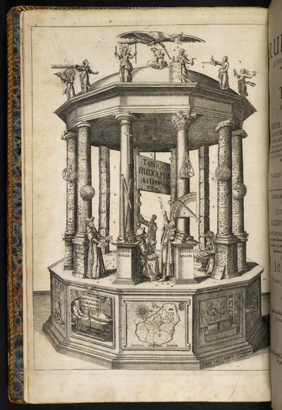 Illustrerad frontispiece som visar ett tempel för Urania, Muse of Astronomy, från 
