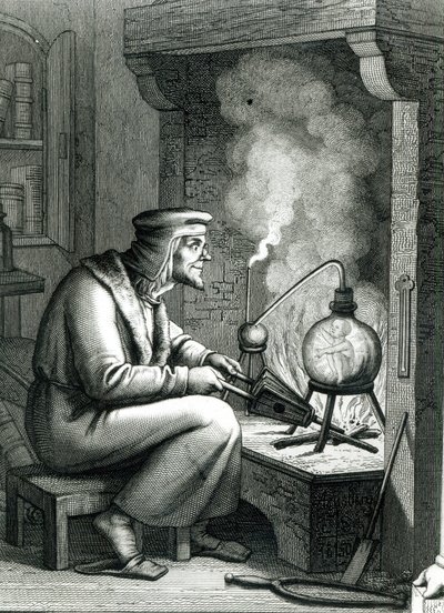 Illustration från Goethes Faust som visar Mephistopheles som skapar en homunculus, 1854 av German School