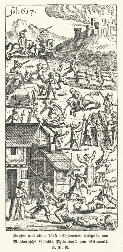 Illustration från en upplaga från 1645 av den tyske författaren Johann Michael Moscheroschs satiriska verk Wondrous and True Visions of Philander von Sittewald (litho) av German School
