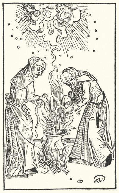 Illustration från en avhandling av Ulrich Molitor om spådomskvinnor och häxkonst (gravyr) av German School