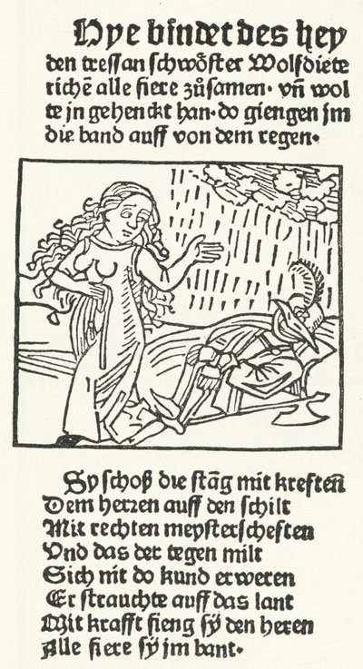 Illustration från berättelsen om den romantiske hjälten Wolfdietrich, publicerad av Hans Schoensperger i Augsburg 1491 (gravyr) av German School