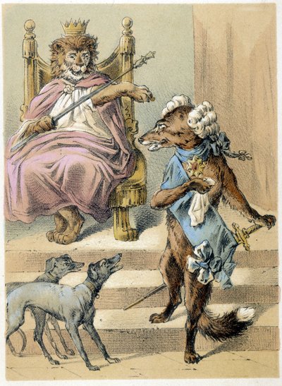 Illustration av Franz Hoffmanns berättelser "" Sagor och fabler - Räven": En räv som talar inför Lejonkungen. Kromolitografi av 1800-talet. av German School