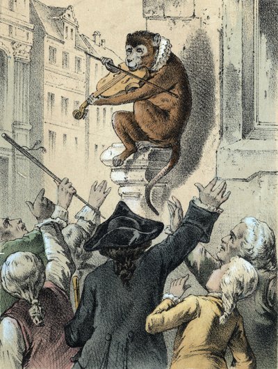 Illustration av Franz Hoffmanns berättelser "" Sagor och fabler - Apan och fiolen"": en apa som spelar fiol inför en folkmassa. Kromolitografi av 1800-talet. av German School