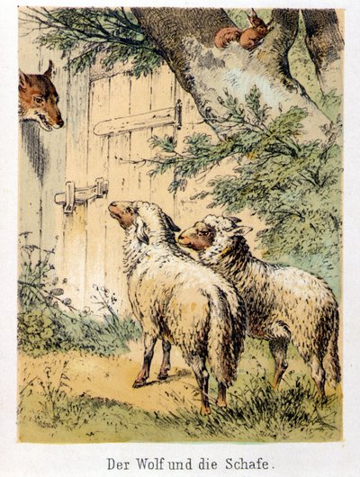 Illustration av Franz Hoffmanns berättelser "" Sagor och fabler - Vargen och fåren"": en varg som pratar med de två fåren. Kromolitografi av 1800-talet. av German School