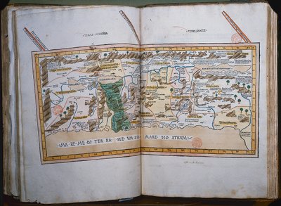 Inc. 425 Karta över det heliga landet, baserad på beskrivningar och koordinater givna i Cosmographica, av Ptolemaios (Claudius Ptolemaeus av Alexandria) (c.90-168 AD) publicerad i Ulm, Tyskland, av Johann Reger fo av German School