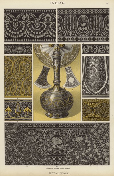 Indiskt, metallarbete (färg litho) av German School