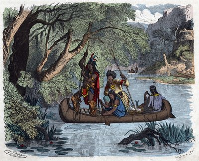 Indianer som fiskar ombord på en kanot på en flod i Amerika. I "" Wenn Jemand eine Reise thut, so kann er was erzahlen"" (När någon reser, detta är vad han kan berätta), tysk saga av Franz Wiedemann av German School
