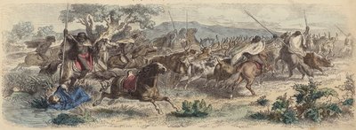 Indianer som överraskar Gauchos på Pampas och ger sig av med sin boskapshjord (färgad gravyr) av German School