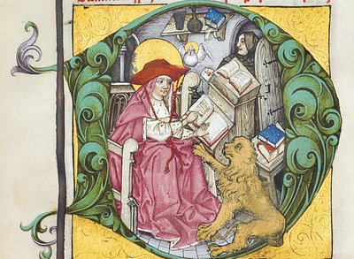Initial D från The Letters of Hierome Hieronymus brev och avhandlingar, redigerade av Adrianus Brielis av German School