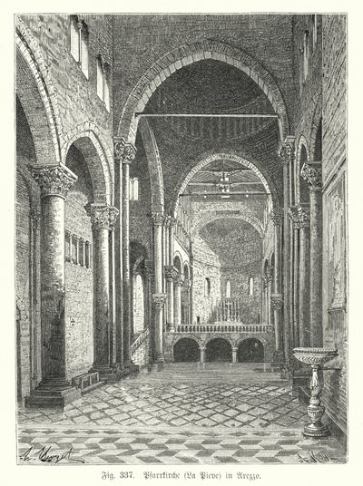 Interiör av kyrkan Santa Maria della Pieve, Arezzo, Italien (gravyr) av German School