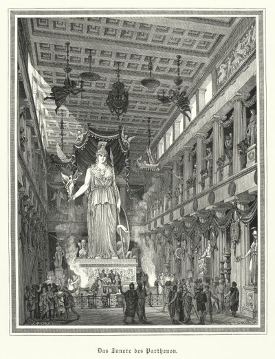 Interiör av Parthenon, Aten, med den kolossala statyn av den grekiska gudinnan Athena (gravyr) av German School