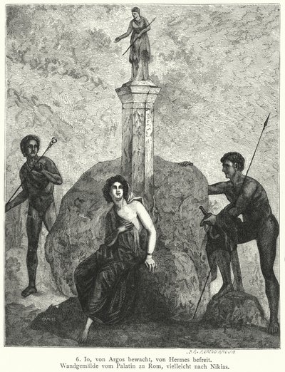 Io, bevakad av Argus Panoptes på order av gudinnan Hera, bevakad av Hermes, skickad av Zeus för att bortföra henne, romersk väggmålning (gravyr) av German School