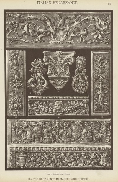 Italiensk renässans, plastdekorationer i marmor och brons (färg litho) av German School