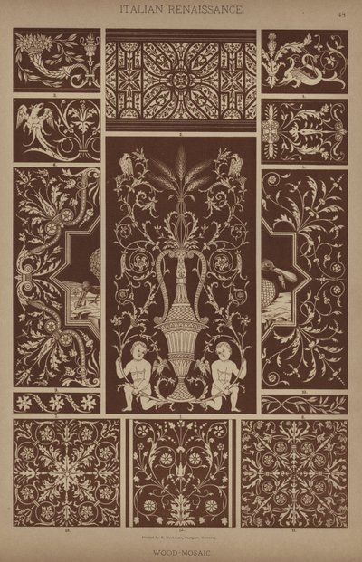 Italiensk renässans, trä-mosaik (färg litho) av German School
