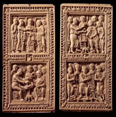 Elfenbensbindningar av Dagulf-psaltaren: David, Saint Hieronymus. Den beställdes av Karl den Store till skrivaren Dagul (eller Dagulfe) åt påven Adrien I. Slutet av 800-talet. Från Aix la Chapelle. Paris, Louvren av German School