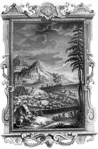 Jakob, den trofaste herden, skyddar sin fårhjord från angrepp av vargar, 1731 (kopparsticksgravyr) av German School
