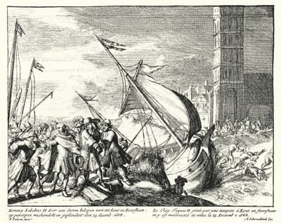 James II av England tillfångatagen av fiskare i Faversham, Kent, när han försökte fly till Frankrike av German School