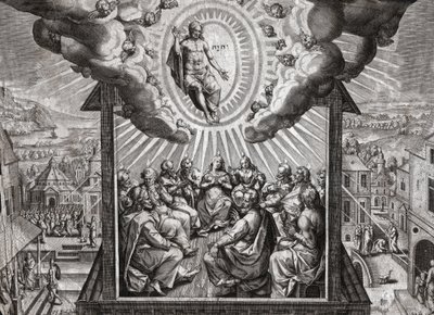 Jesus Kristus och apostlarna. (gravyr av German School