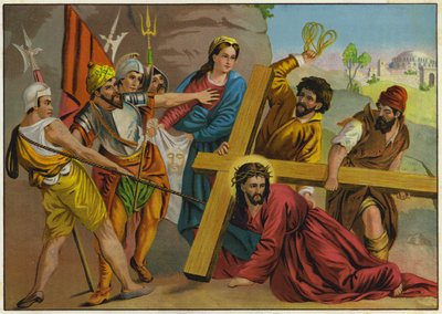 Jesus faller under tyngden av sitt kors på väg till korsfästelsen (färglitografi) av German School
