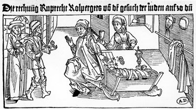 Judisk pengaägare med sin familj som tar emot kunder, 1491 (trägravyr) av German School
