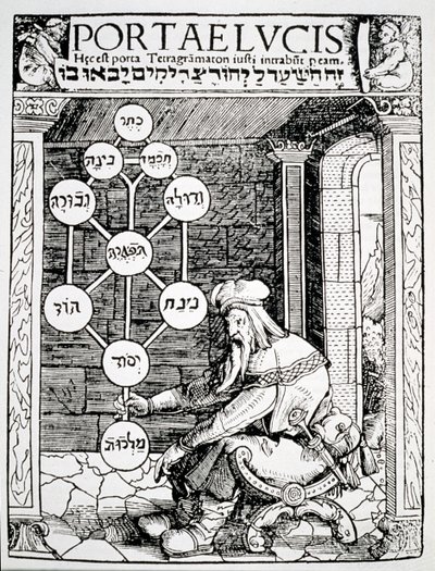 Judisk kabbalist som håller en sephiroth, kopia av en illustration från Portae Lucis av Paul Ricius, Augsburg 1516, använd i en magihistoria, publicerad i slutet av 1800-talet av German School