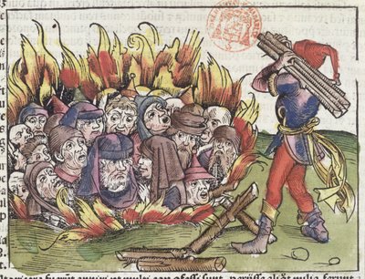 Judar brända på bål, från Nürnbergkrönikan av Hartmann Schedel (1440-1514), 1493 (träsnitt i färg) av German School