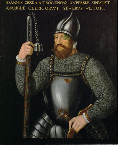 Johann Ziska von Trocnov, ledare för de böhmiska hussiterna och taboriterna som vann två slag mot kejserliga arméer 1420 och 1422 ... av German School