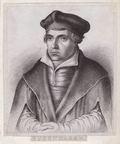 Johannes Bugenhagen (Doktor Pomeranus), tysk präst och teolog som introducerar den protestantiska reformationen till Pommern och Danmark (gravyr) av German School