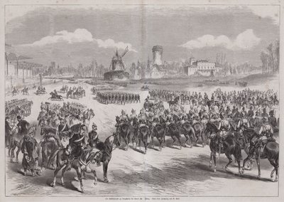 Kaiser Wilhelm I av Tyskland tittar på sin arméparad i Longchamp, Paris, Frankrike, mars 1871 (gravyr) av German School