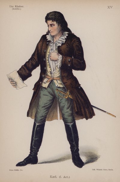 Karl, från Die Rauber (Rånarna) av Friedrich Schiller (färg litho) av German School